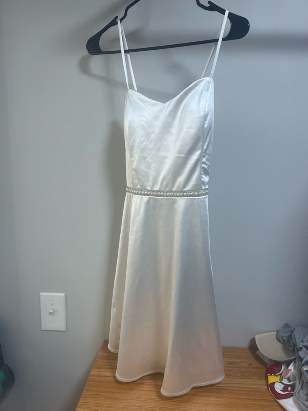 Satin Spaghetti-Strap White Dress with Pearl Waist